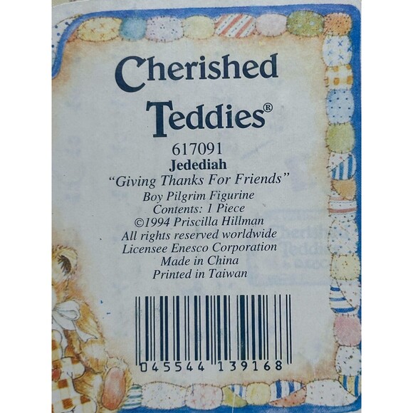 Vtg 1994 Enesco Cherished Teddies Jedediah Giving Thanks For Friends Figurine - Picture 9 of 13
